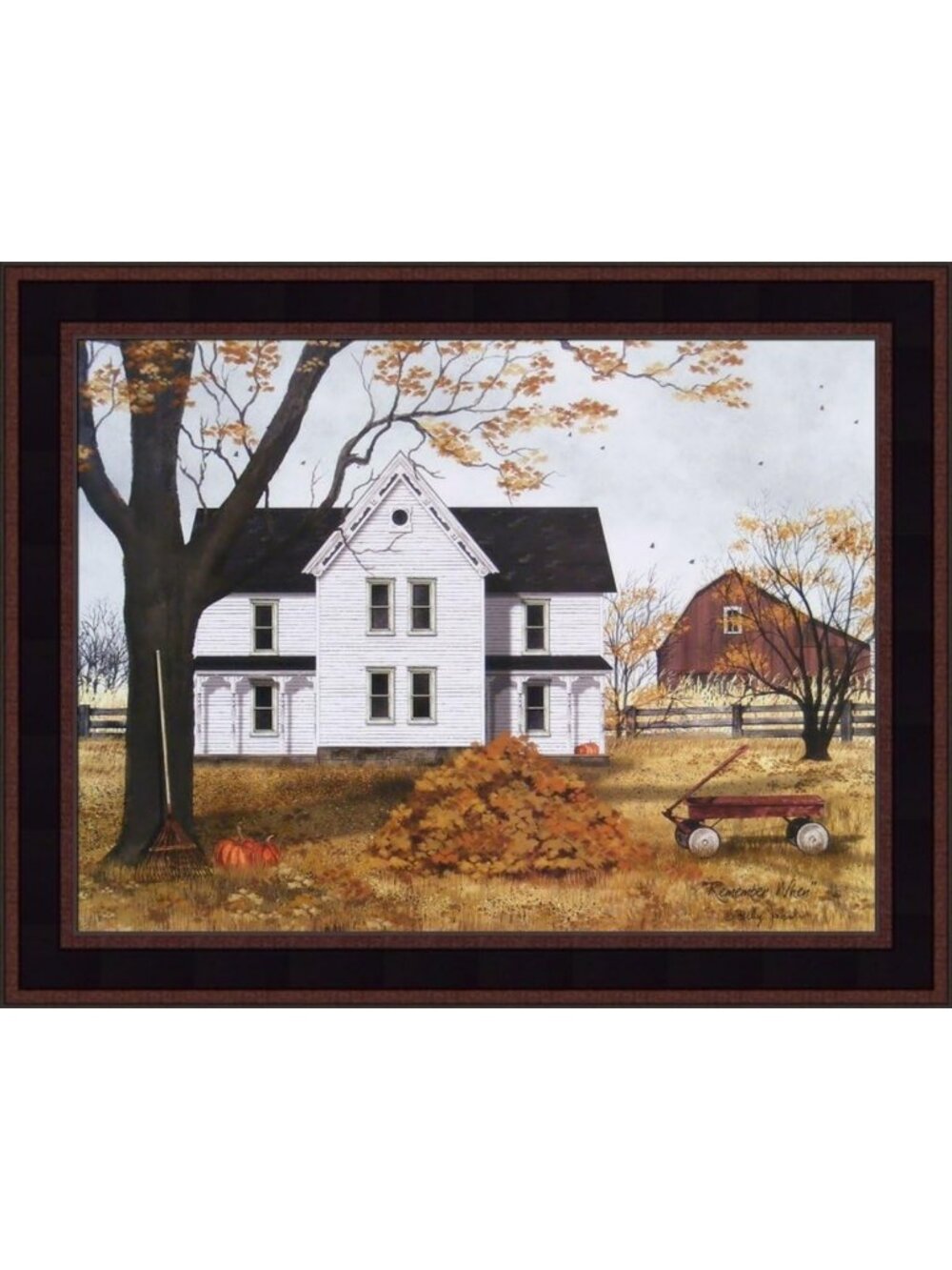 Farmhouse Framed Print - Autumn Leaf Pile with Barn Red Wagon - 15x19 Art